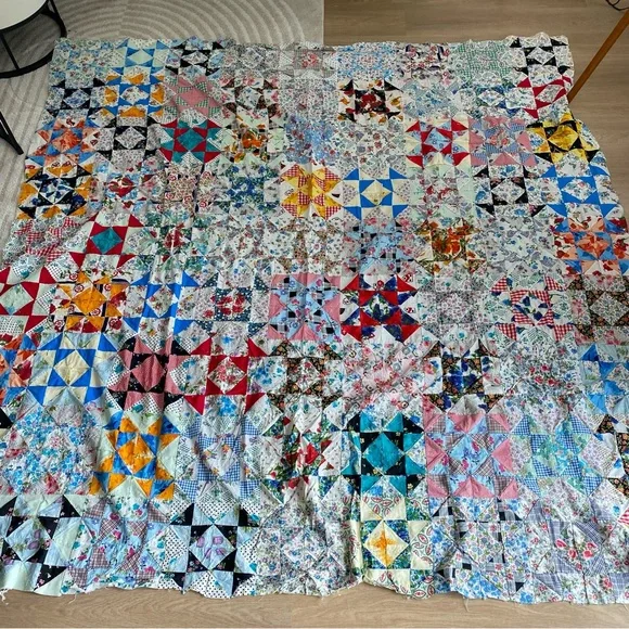 Colorful Hand Sewn Vintage Quilt Top - Picture 3 of 6
